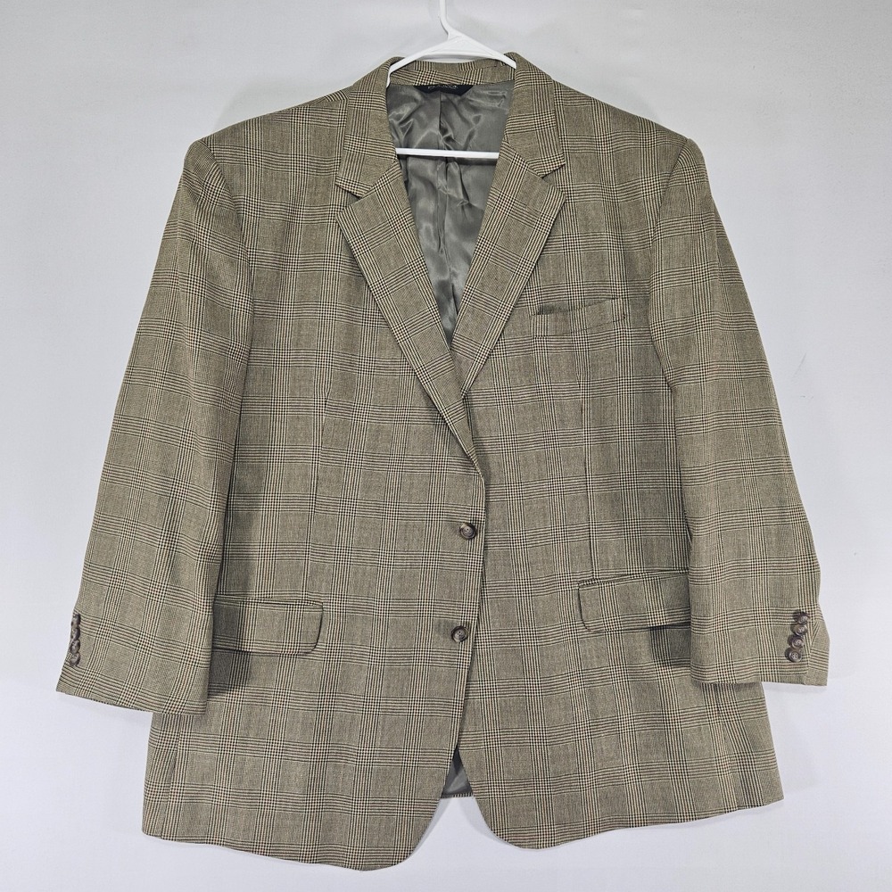 JOS A BANK Men's Sport Coat Blazer Two Button Beige Plaid Silk Wool Blend 52R